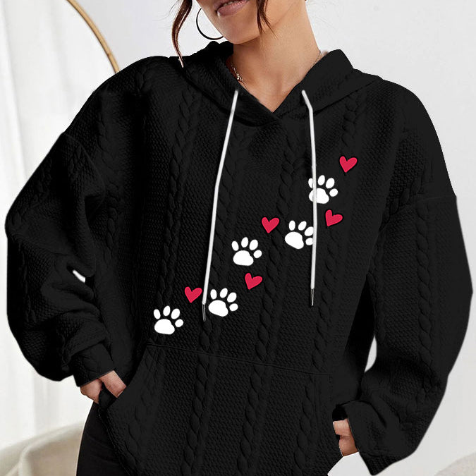 Women's Puppy Paw Print Heart Print Knit Hoodie