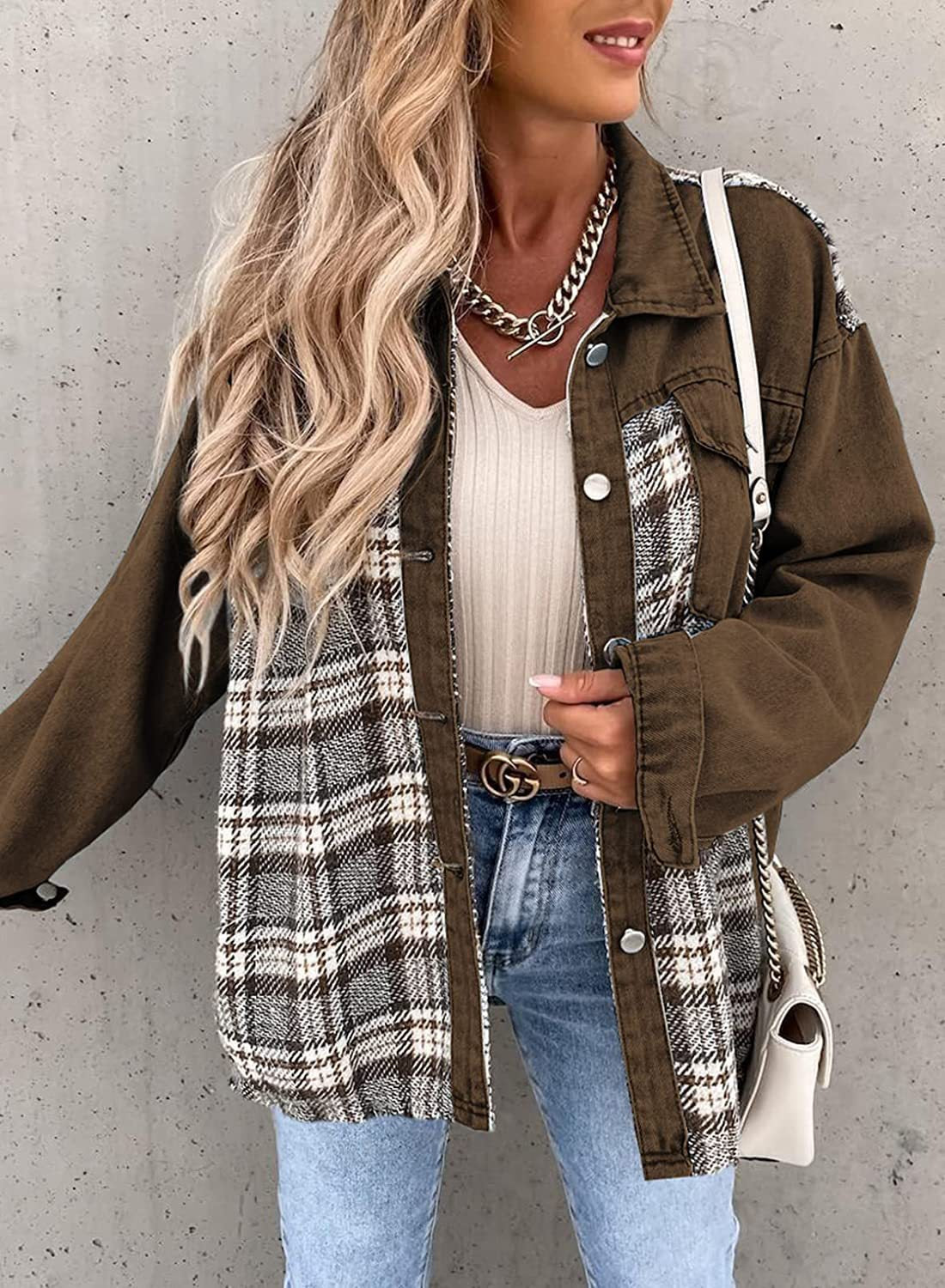 Women's Denim Long Sleeve Check Shirt Jacket