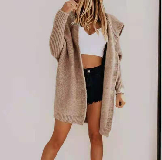 Women's knitted hooded cardigan jacket