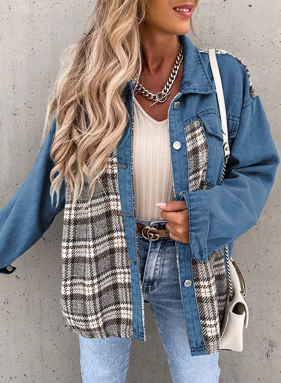 Women's Denim Long Sleeve Check Shirt Jacket