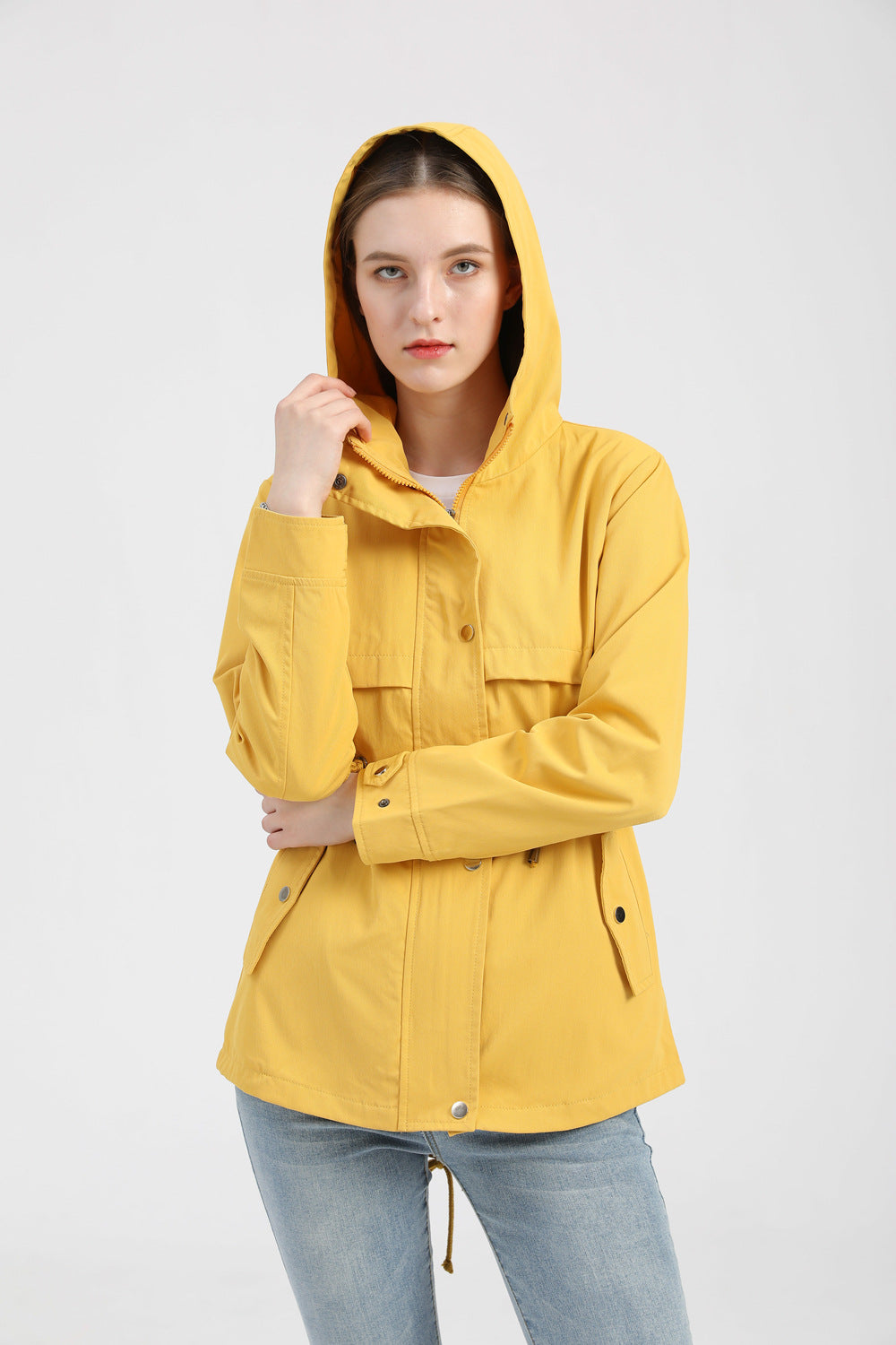 Women's Long Sleeve Neck Waist Outdoor Hooded Jacket