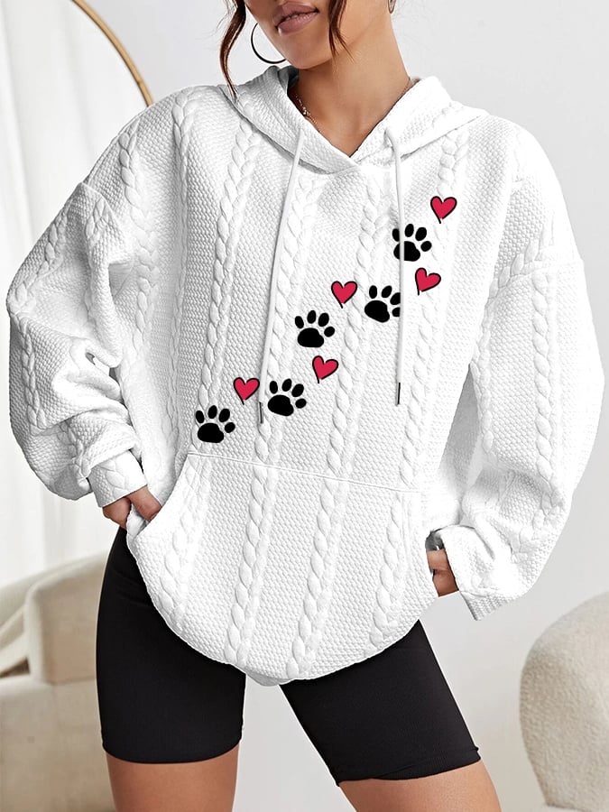 Women's Puppy Paw Print Heart Print Knit Hoodie