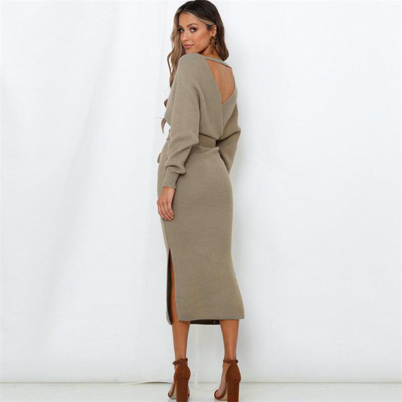 Women V Neck Knitted Midi Dress