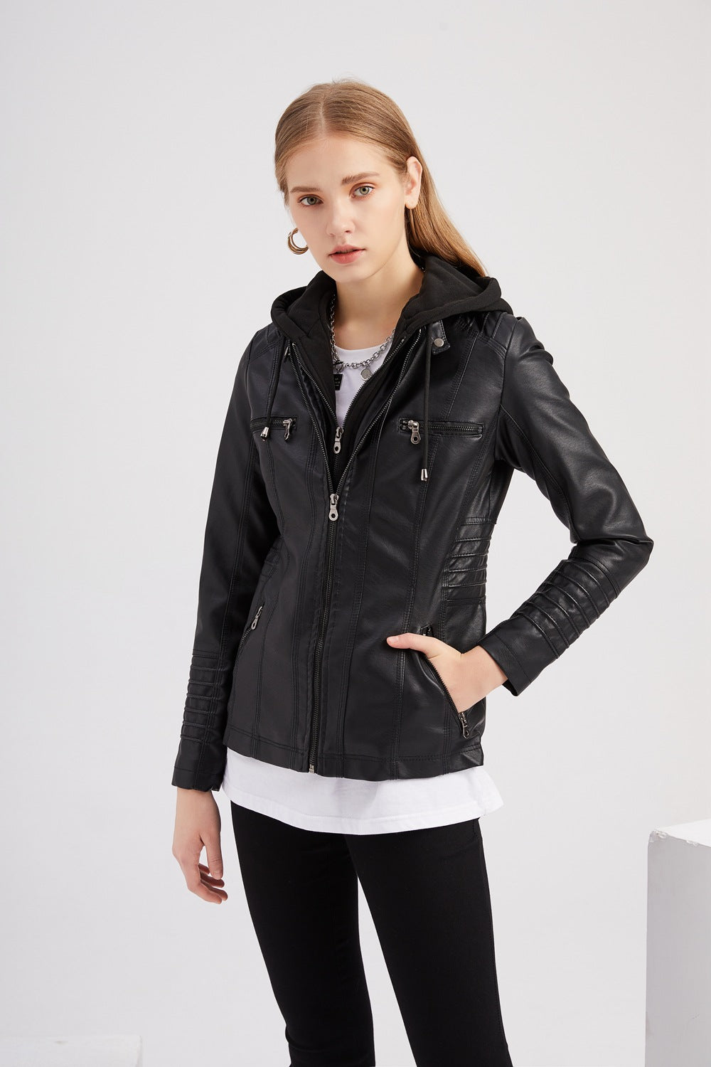 Women's Hooded Leather Jacket Two-Piece Detachable Leather Jacket ...