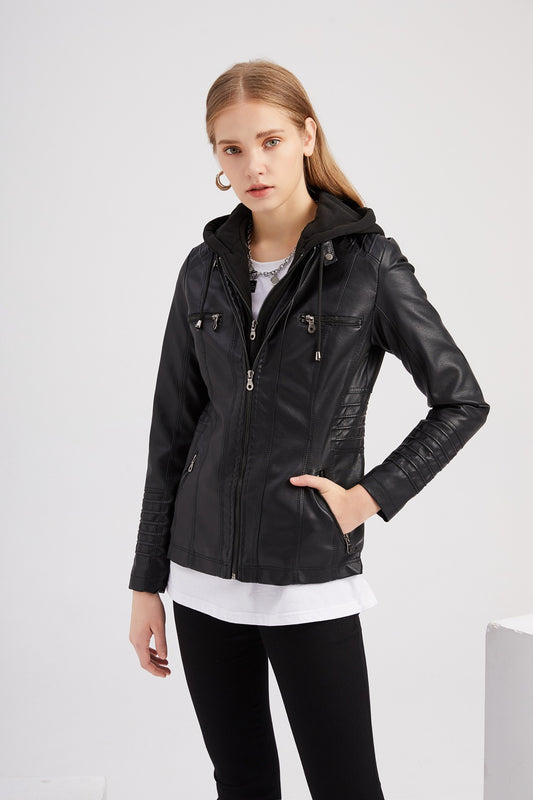 Women's Hooded Leather Jacket Two-Piece Detachable Leather Jacket