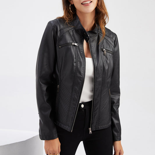 Ladies Lapel Slim Solid Color Leather Jacket