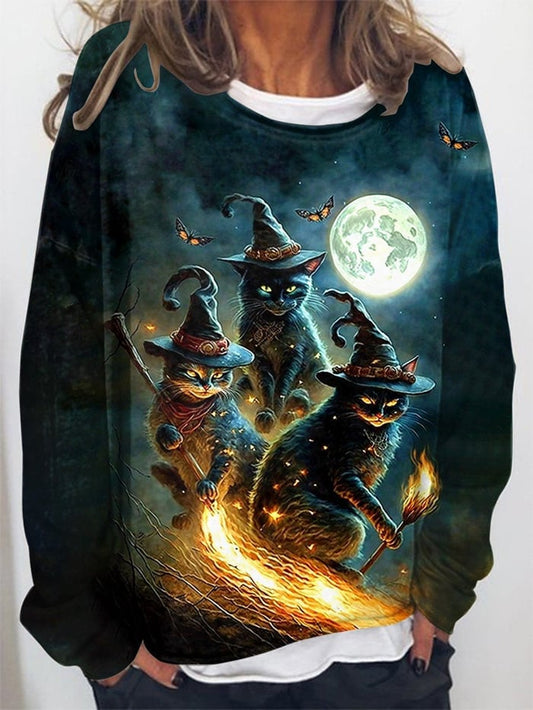 Women's Vintage Halloween Magic Cat Print Long Sleeve Sweatshirt