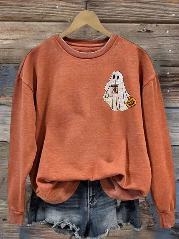 Women's Iced Coffee Ghoul Halloween Print Casual Sweatshirt