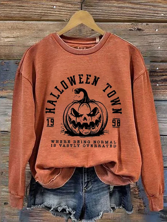 Women's Halloween Town Pumpkin 1998 Printed Round Neck Long Sleeve Sweatshirt