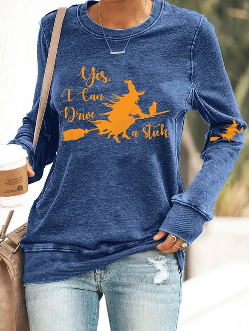 Women's Funny Witch Yes I Can Drive A Stick Halloween Casual Sweatshirt