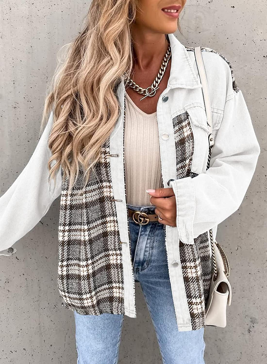 Women's Denim Long Sleeve Check Shirt Jacket