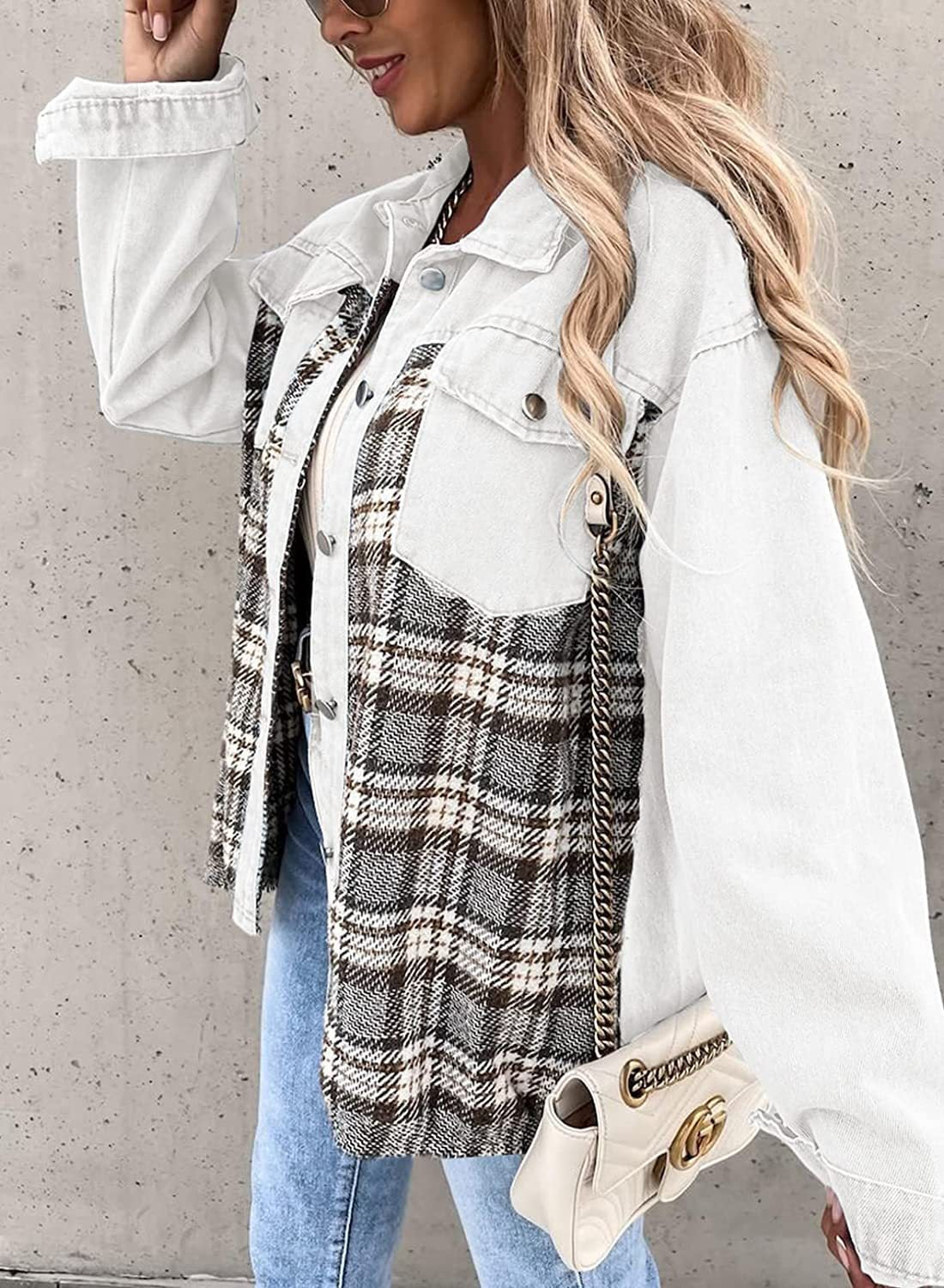 Women's Denim Long Sleeve Check Shirt Jacket