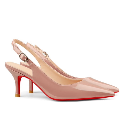 60mm Women's Pointed Toe Slingback Shoes Kitten Heel Red Bottom Pumps Comfortable Dress Patent