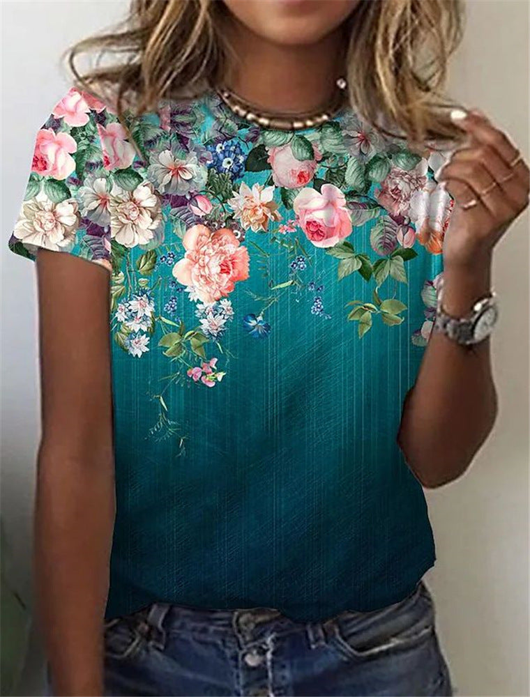 Women's Round Neck Short Sleeve Floral Print T-Shirt