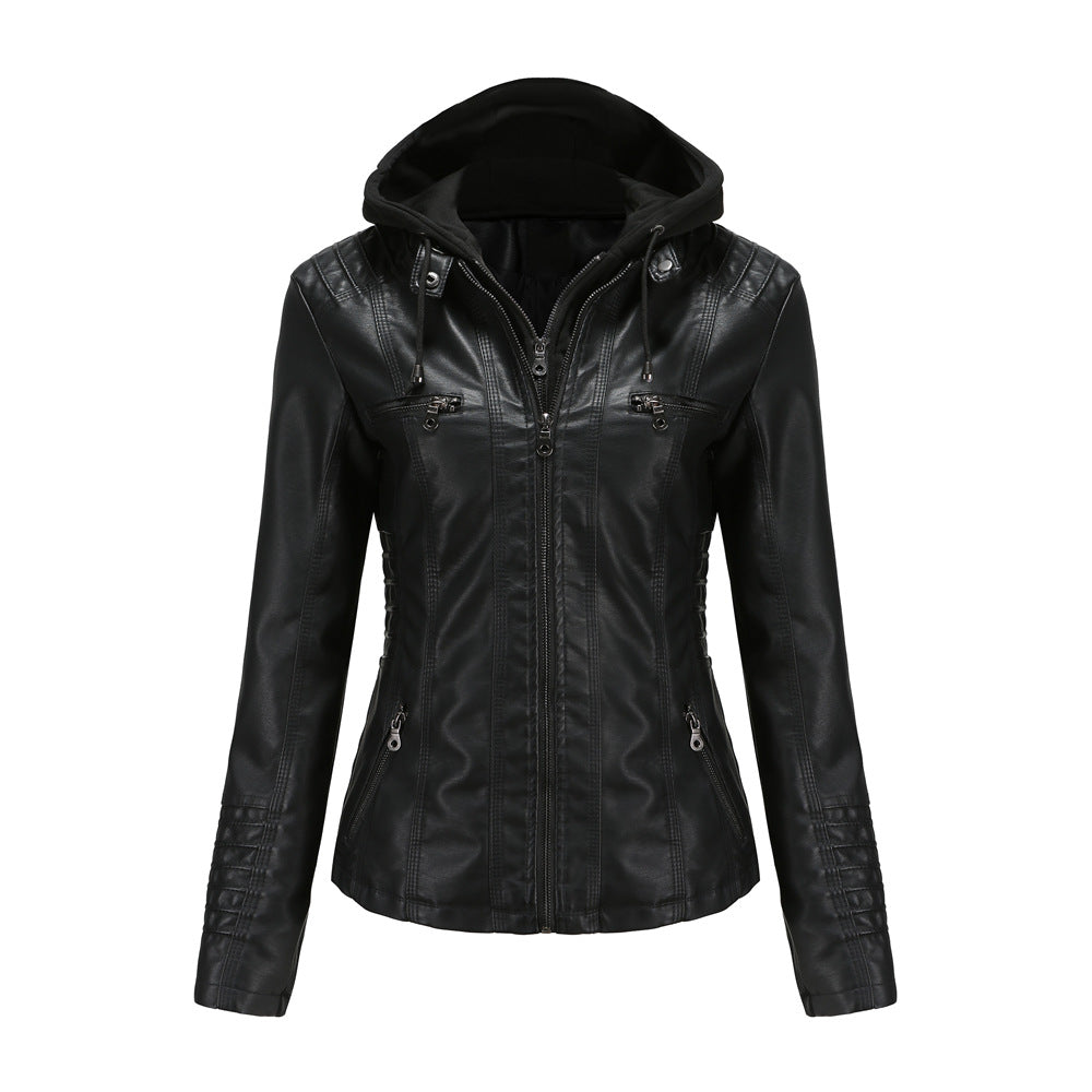 Women's Hooded Leather Jacket Two-Piece Detachable Leather Jacket