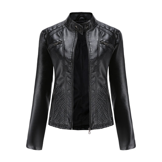 Ladies Lapel Slim Solid Color Leather Jacket