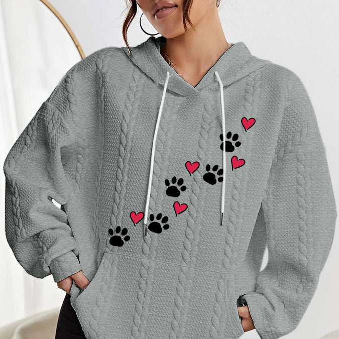 Women's Puppy Paw Print Heart Print Knit Hoodie