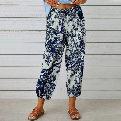 Women's High Waist Drawstring Vintage Print Pants