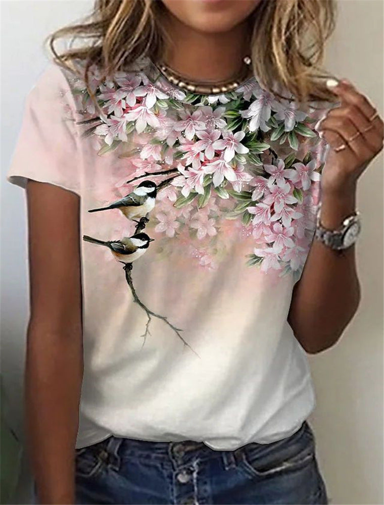 Women's Round Neck Short Sleeve Floral Print T-Shirt