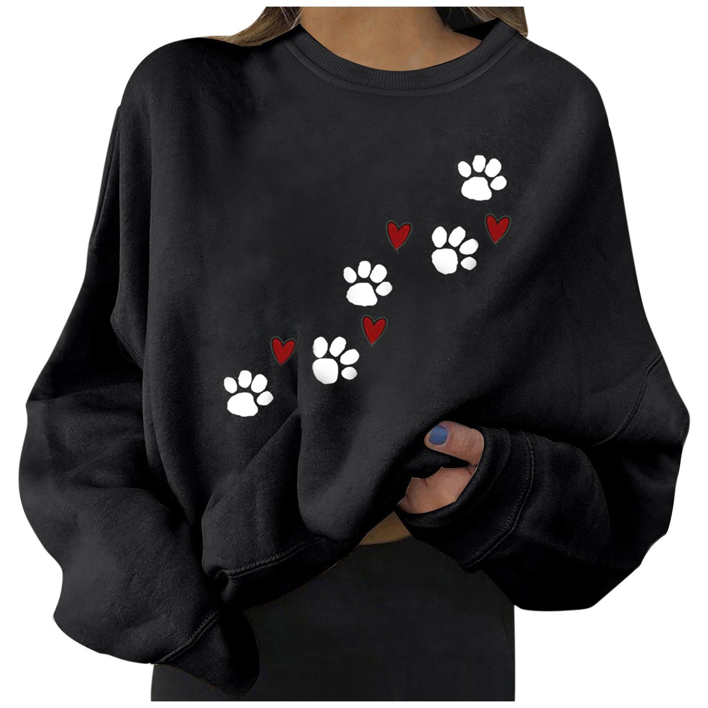 Women's Puppy Paw Print Heart Print Knit Sweatshirt