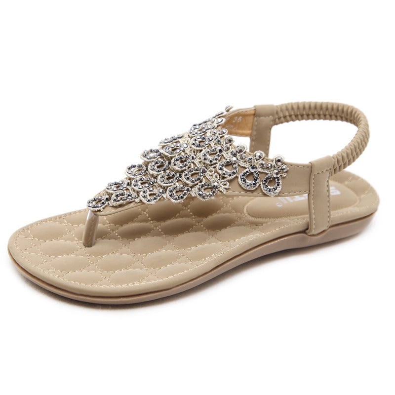 Women's Lace Rhinestone Boho Elastic Flat Sandals