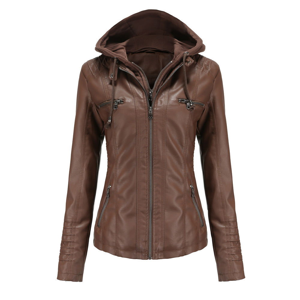 Women's Hooded Leather Jacket Two-Piece Detachable Leather Jacket