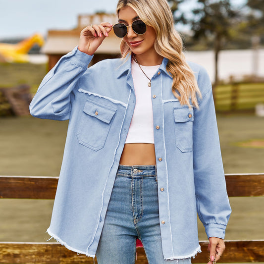 Denim Raw Edge Washed Fringed Top Casual Jacket For Women