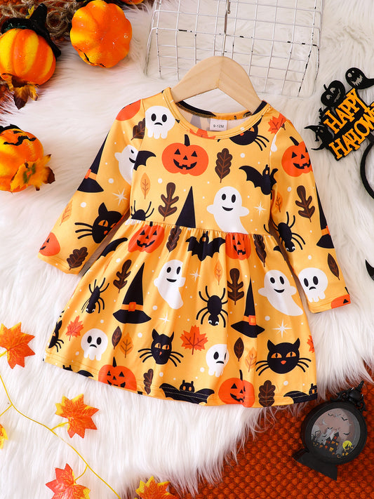 Baby Halloween Pumpkin Print Long Sleeve Crewneck Dress