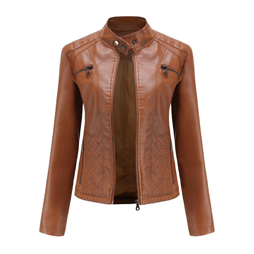 Ladies Lapel Slim Solid Color Leather Jacket