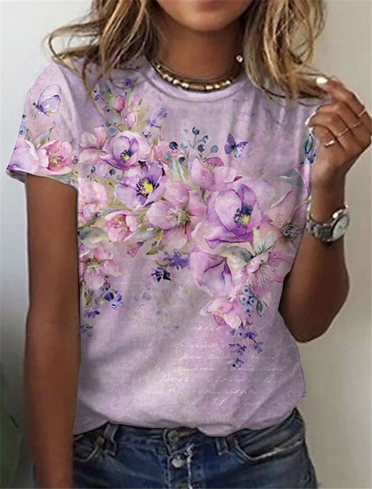 Women's Round Neck Short Sleeve Floral Print T-Shirt