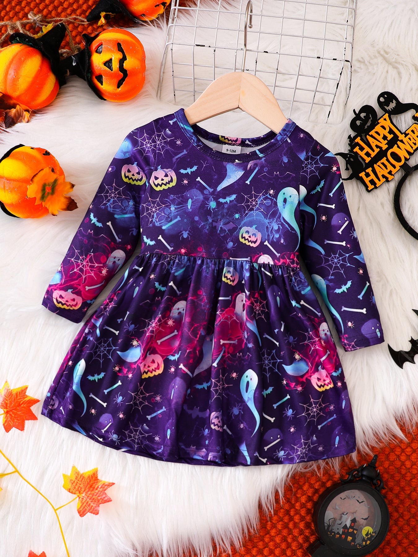 Baby Halloween Pumpkin Print Long Sleeve Crewneck Dress