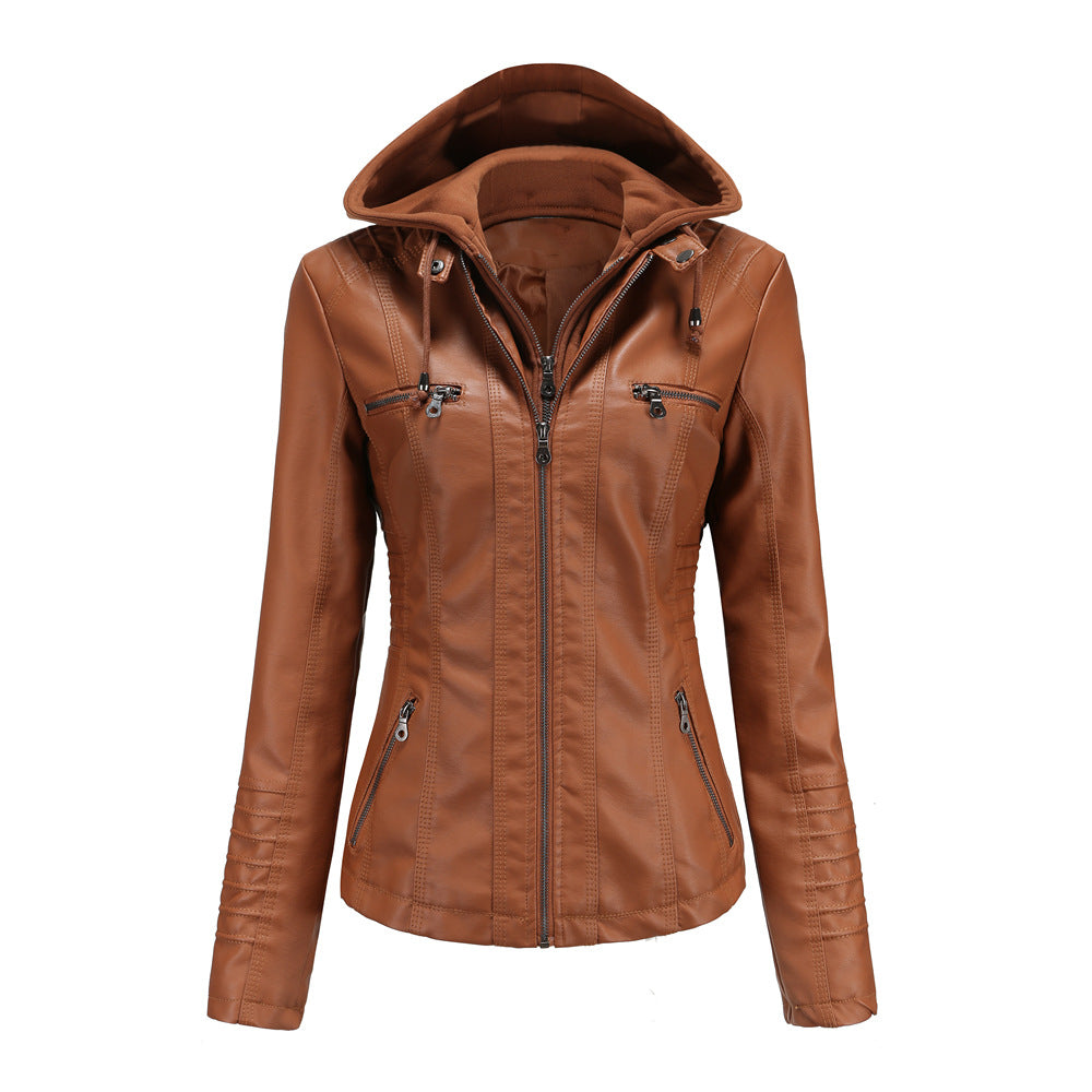 Women's Hooded Leather Jacket Two-Piece Detachable Leather Jacket