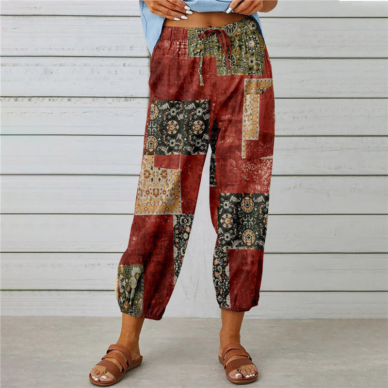 Women's High Waist Drawstring Vintage Print Pants