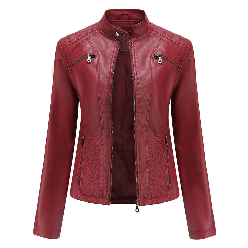 Ladies Lapel Slim Solid Color Leather Jacket