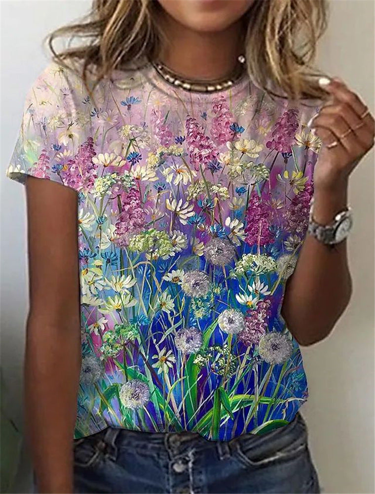 Women's Round Neck Short Sleeve Floral Print T-Shirt