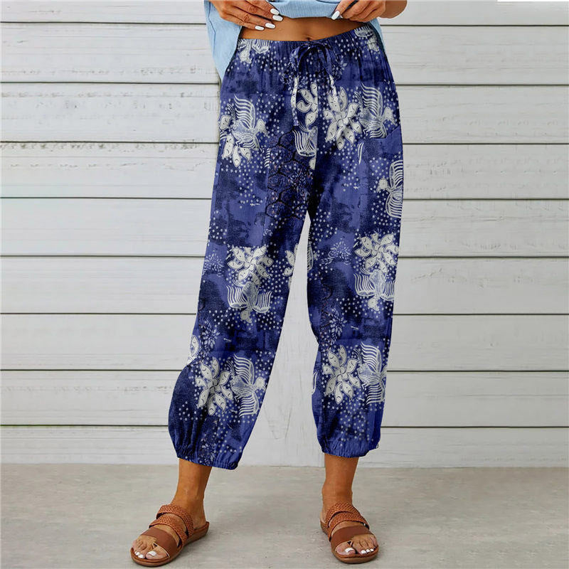 Women's High Waist Drawstring Vintage Print Pants