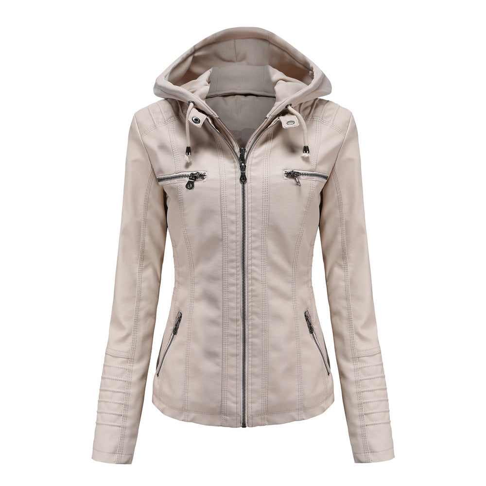 Women's Hooded Leather Jacket Two-Piece Detachable Leather Jacket