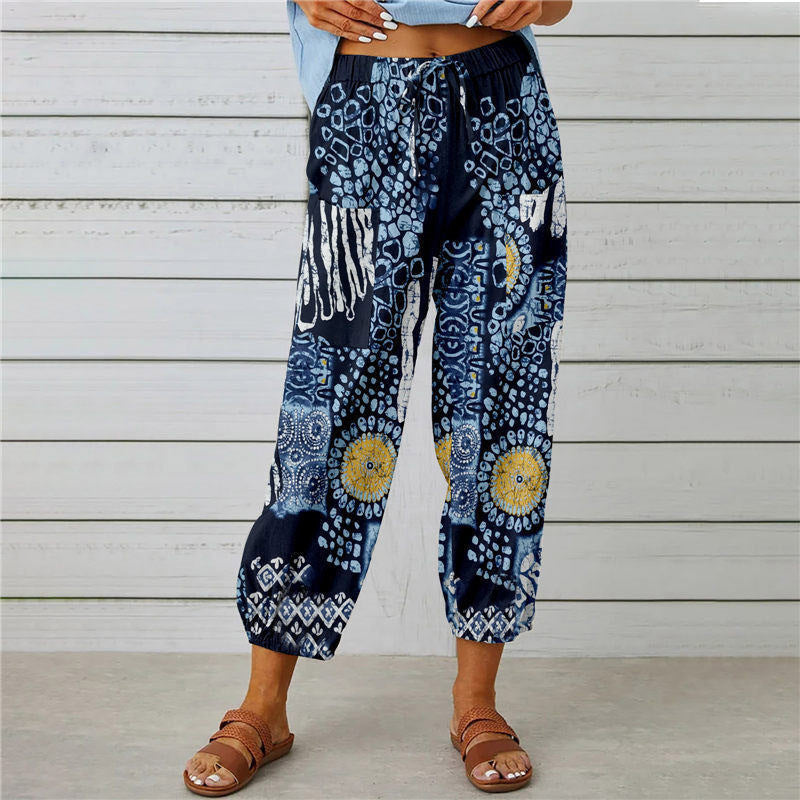 Women's High Waist Drawstring Vintage Print Pants