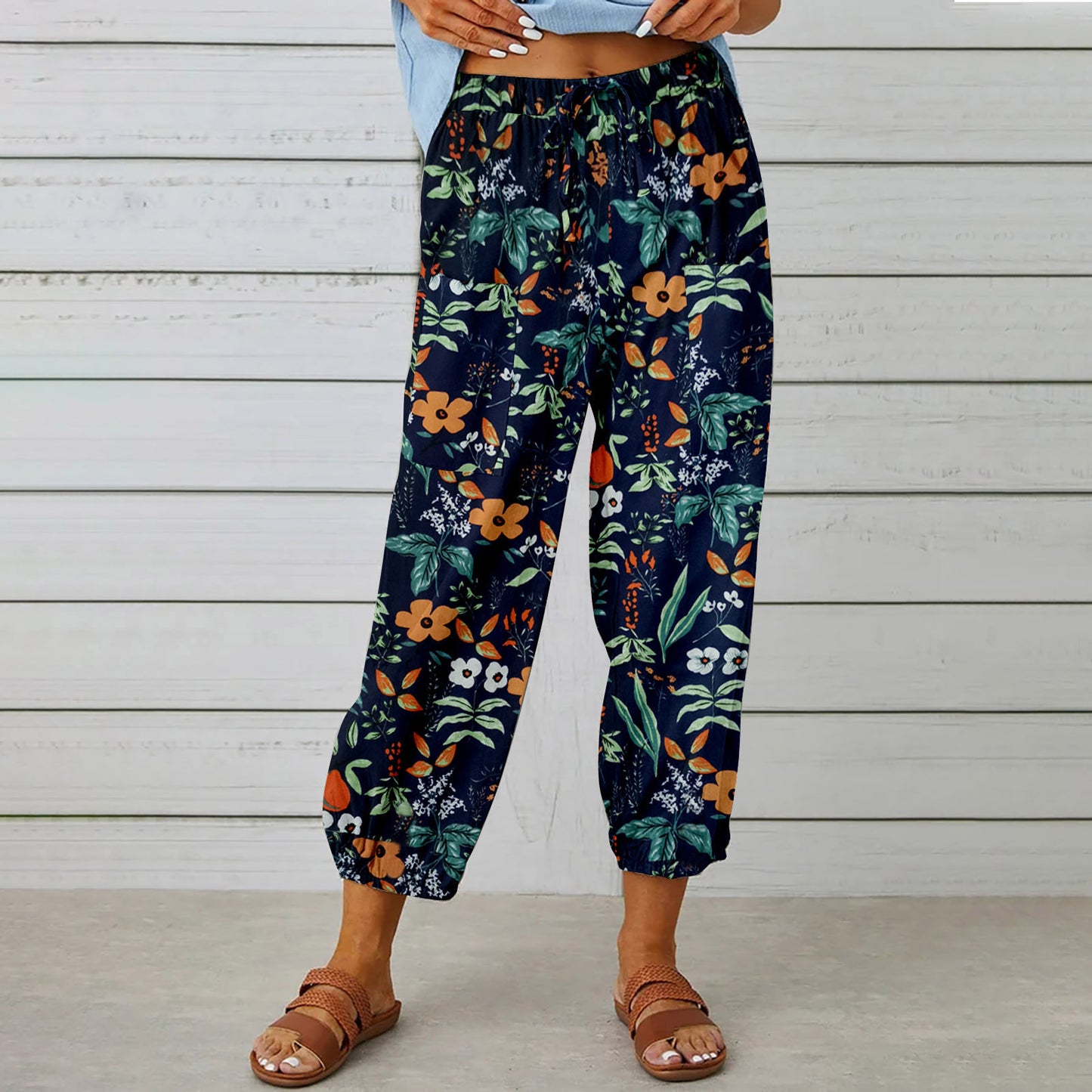 Women's High Waist Drawstring Vintage Print Pants