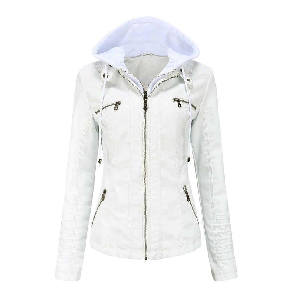 Women's Hooded Leather Jacket Two-Piece Detachable Leather Jacket