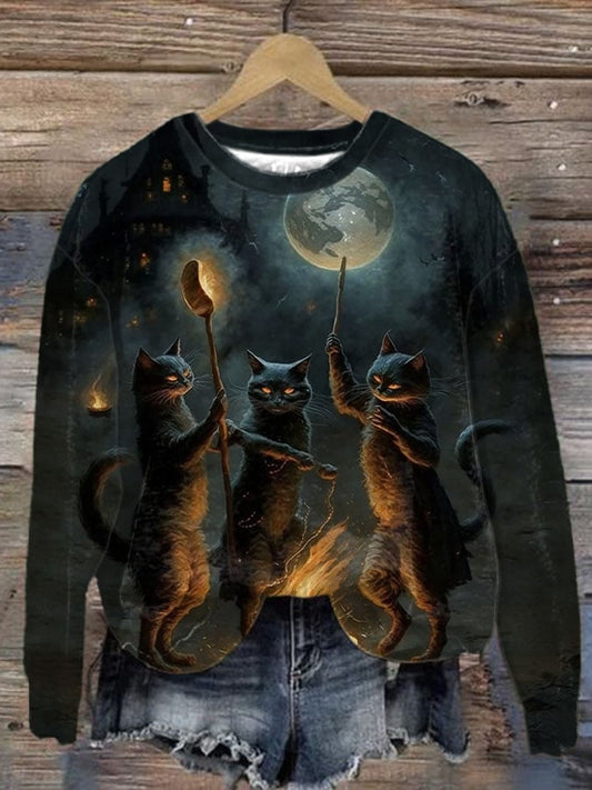 Women's Vintage Halloween Magic Cat Print Long Sleeve Sweatshirt