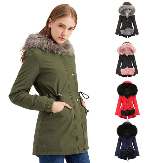 Women's Mid-length Hooded Fur Collar Warm And Fleece Coat