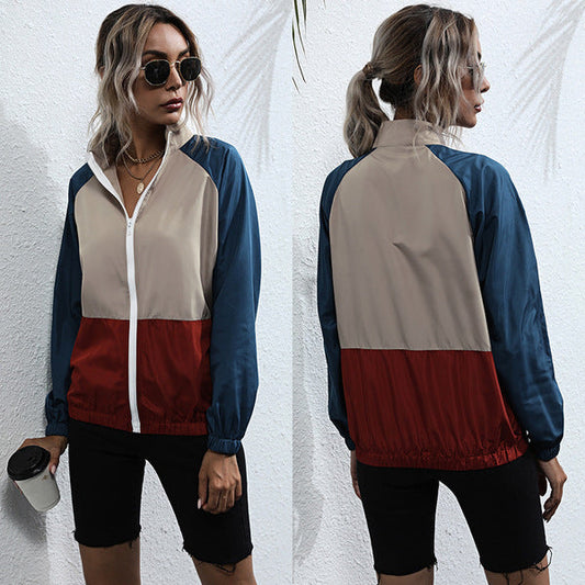 Women's Hit Color Stand-up Collar Casual Thin Jacket Autumn New Loose Jacket