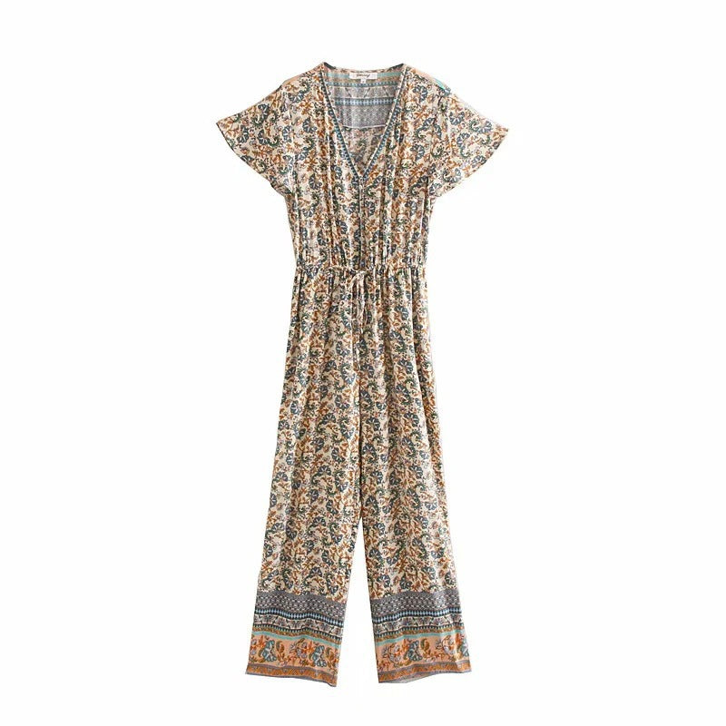 Women Vintage Jumpsuit Boho Print Beach Jumpsuit Set