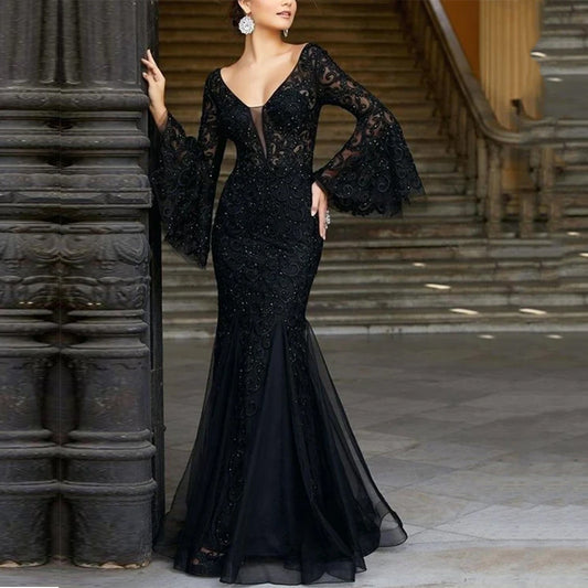Women's Lace Embroidered Fishtail Black Slim Evening Dress
