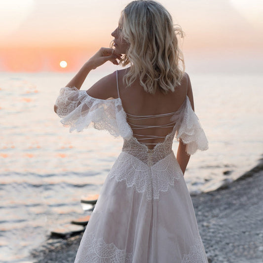 Floor Length Off The Shoulder Ball Gown Short Sleeves Outdoor Wedding Dresses