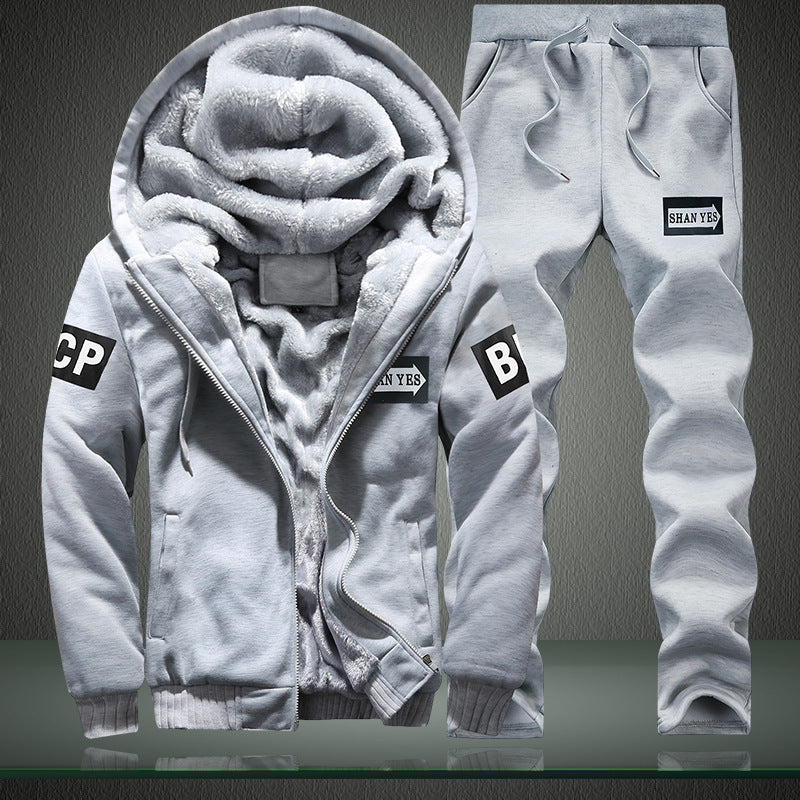 Plush Hoodie Jacket & Thick Long Pants Men's Suit