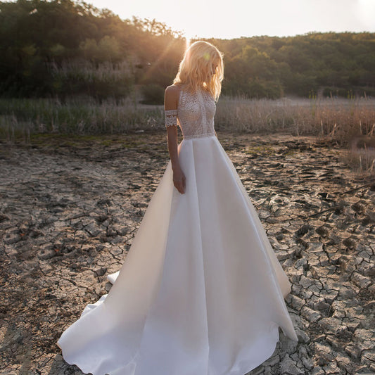 Sleeveless Floor Length A Line Lace Hall Wedding Dresses