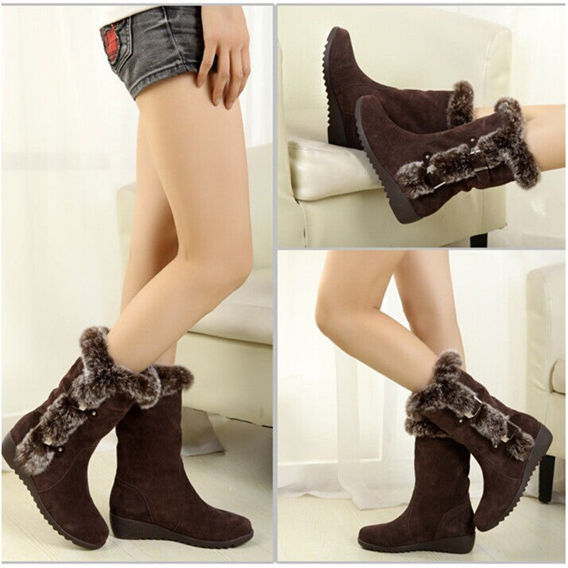 Faux Rabbit Fur Cotton Boots Women's Mid-top Boots