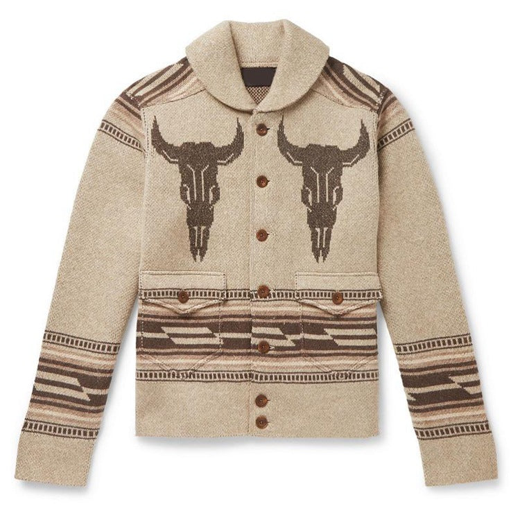 Men Retro Jacquard Lapel Cardigan Sweater